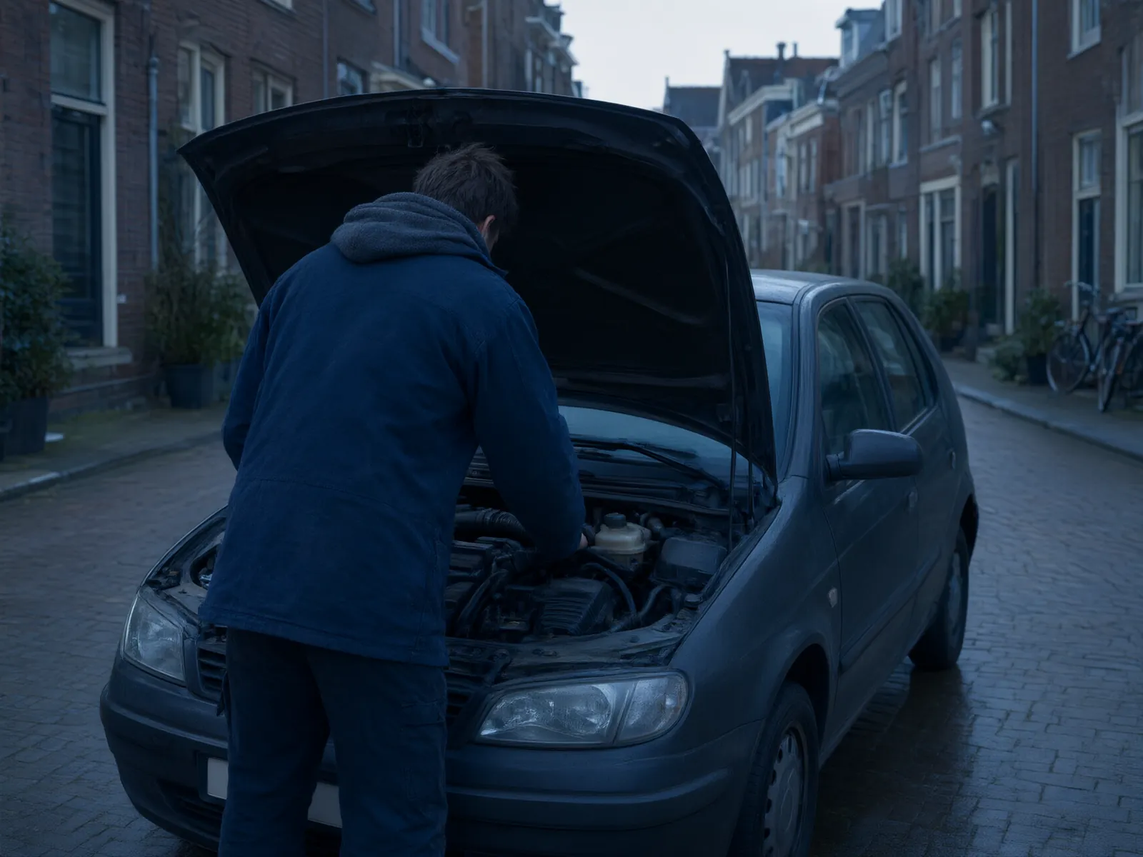 Man buigt zich over de open motorkap van een tweedehands auto in een woonstraat