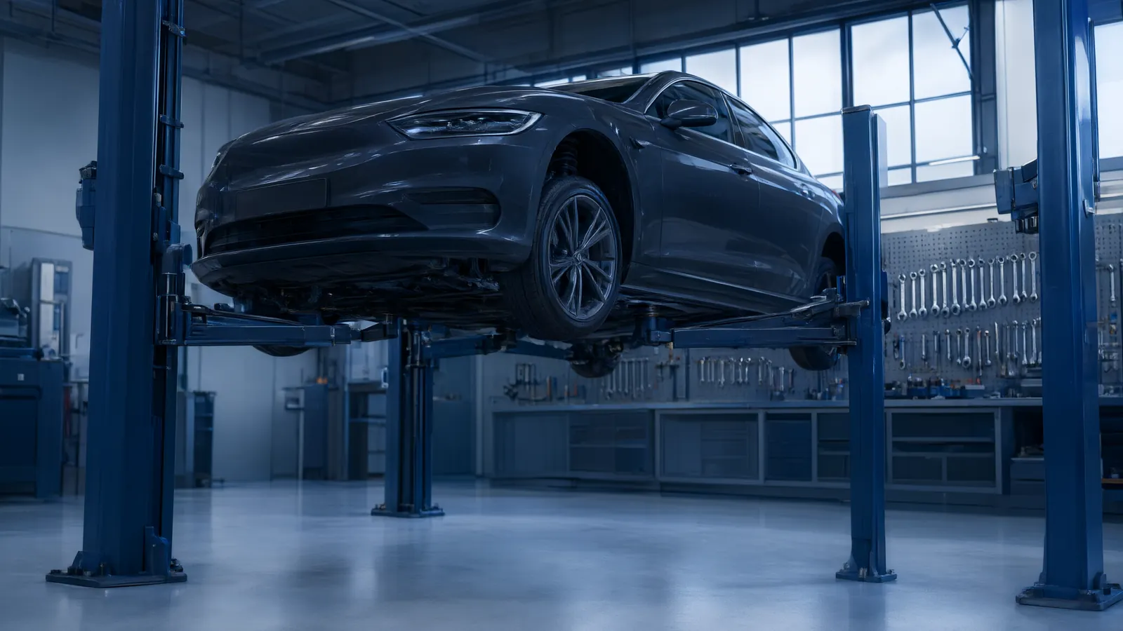 Donkere auto op een hefbrug in een garagewerkplaats