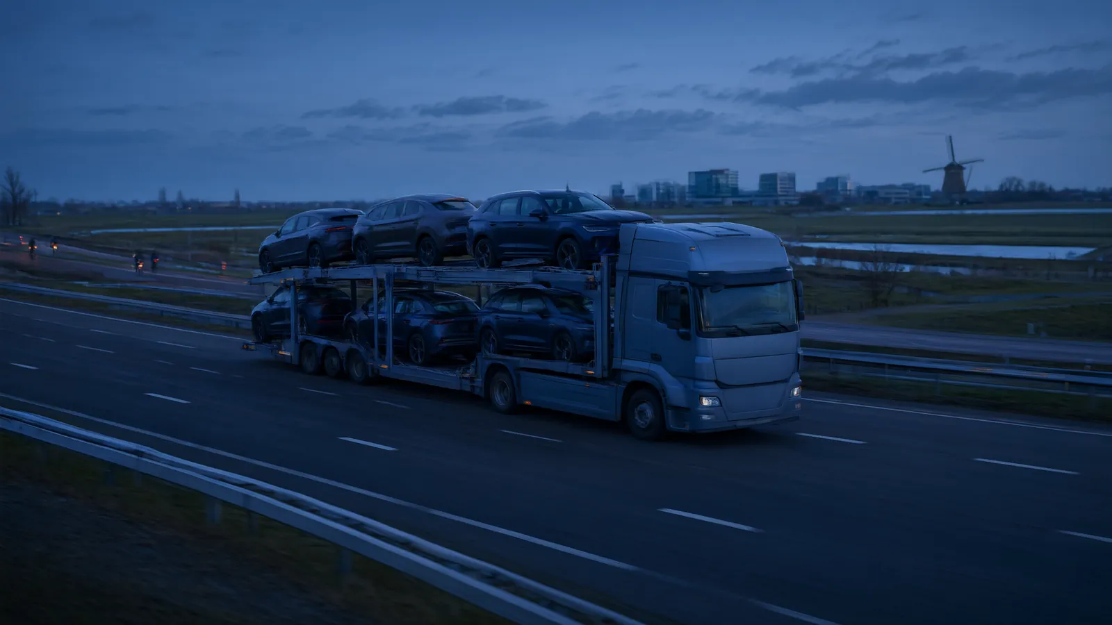 Autotransporter met auto's op een Nederlandse snelweg bij schemering