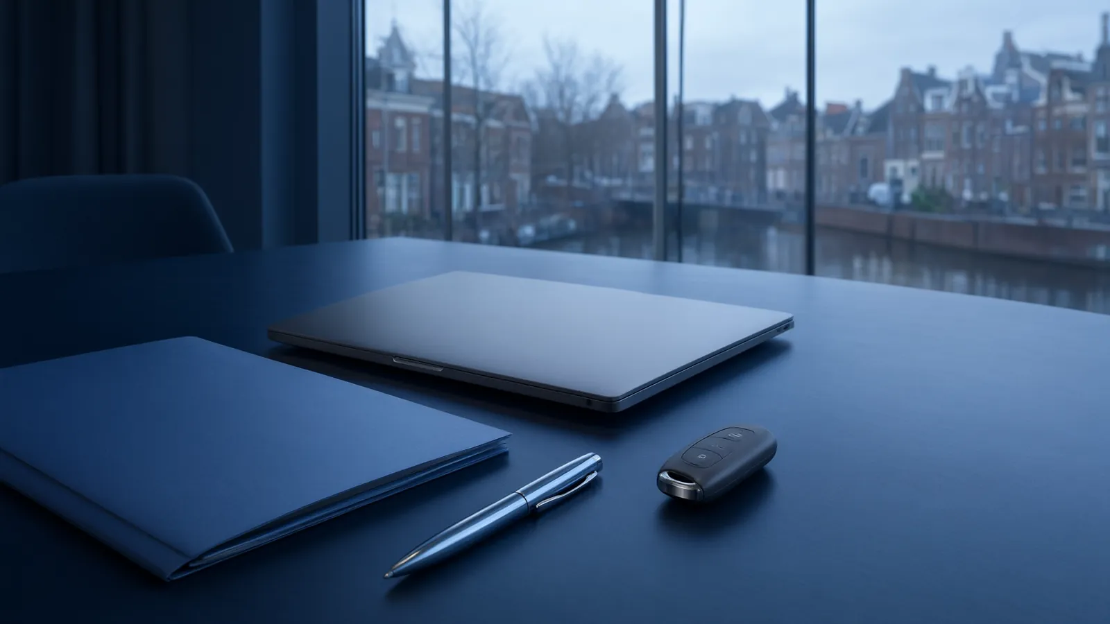 Rustige vergadertafel met een dossiermap, een laptop en een autosleutel