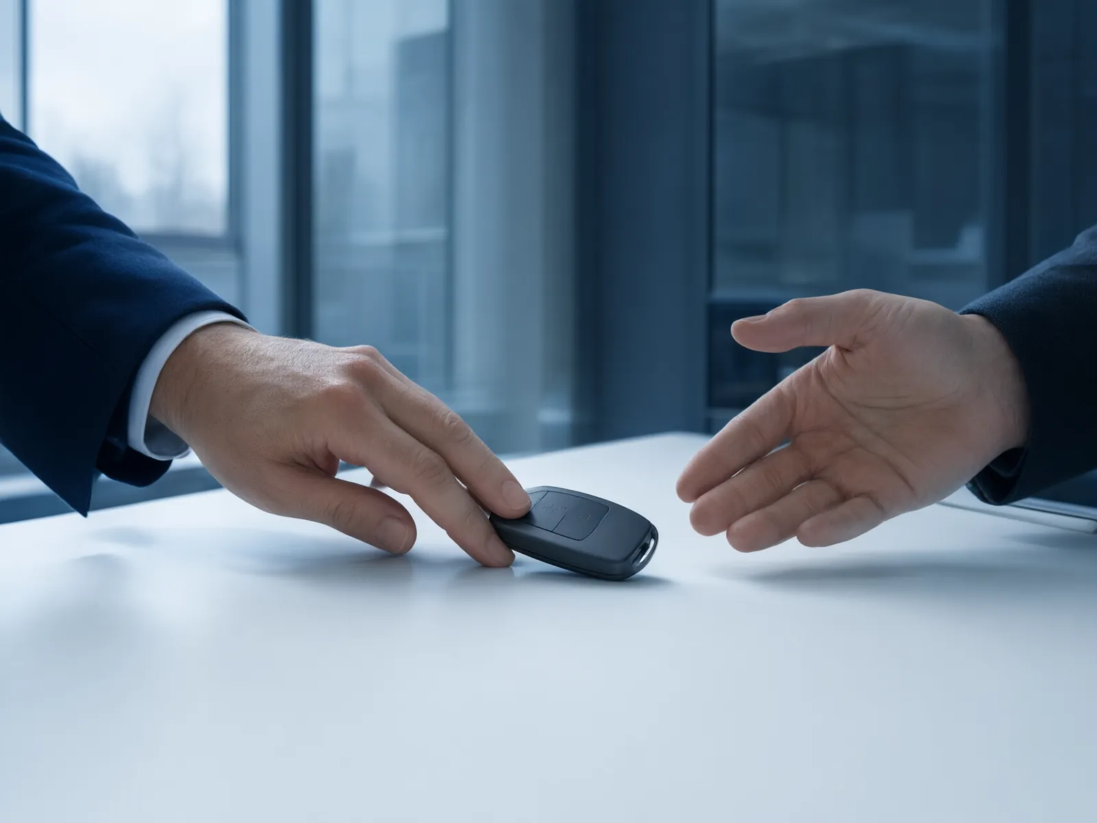 Hand schuift een autosleutel over een wit bureau naar een andere hand