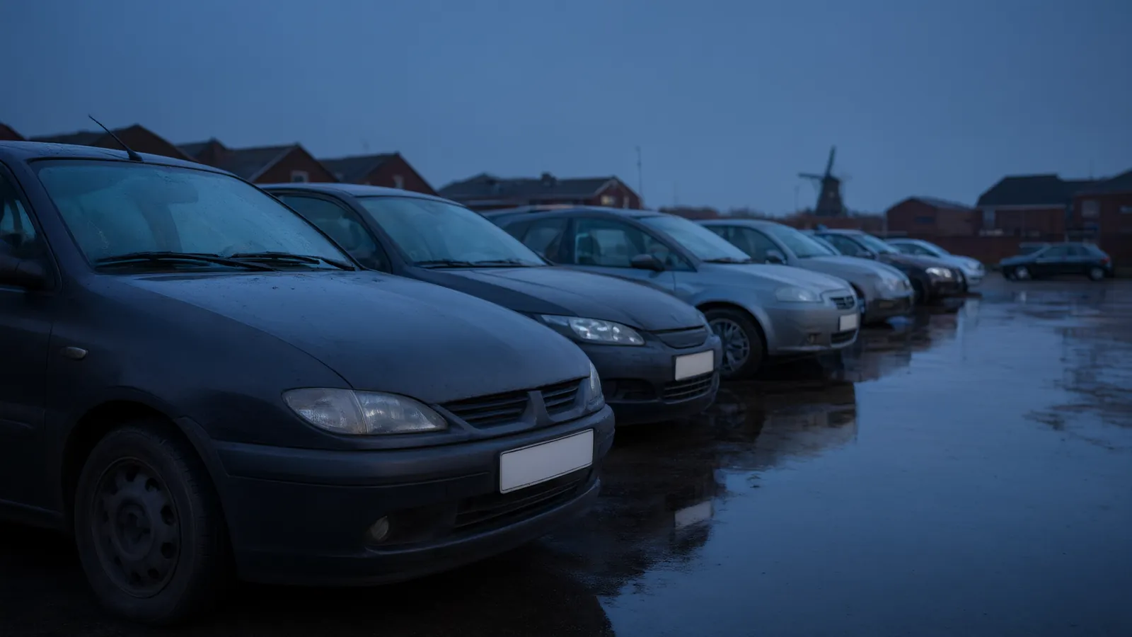 Rij tweedehands auto's op het terrein van een autobedrijf bij avond