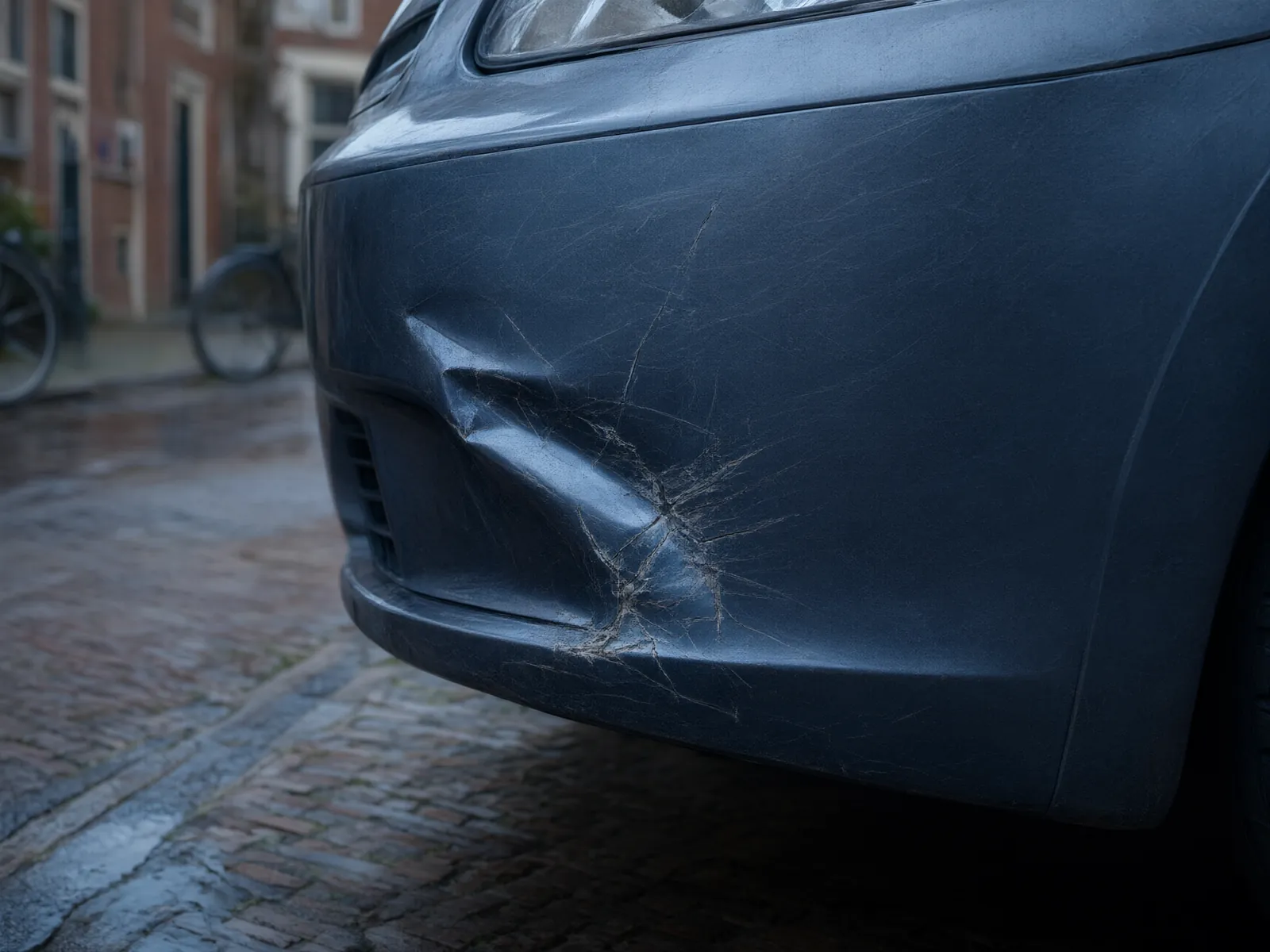 Deuk en krassen in de voorbumper van een geparkeerde auto