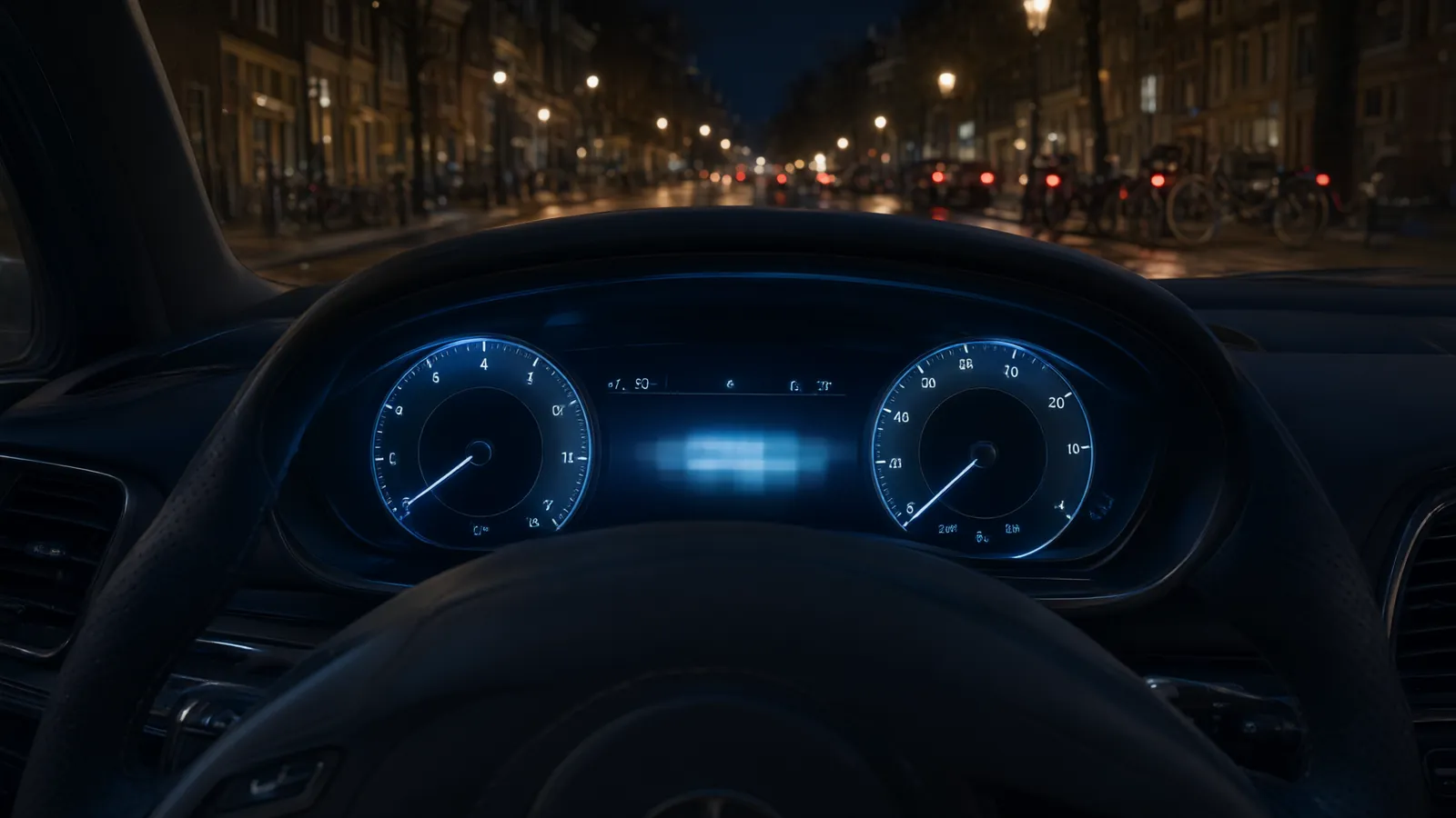 Verlicht dashboard van een auto bij avond, de tellerstand is onscherp